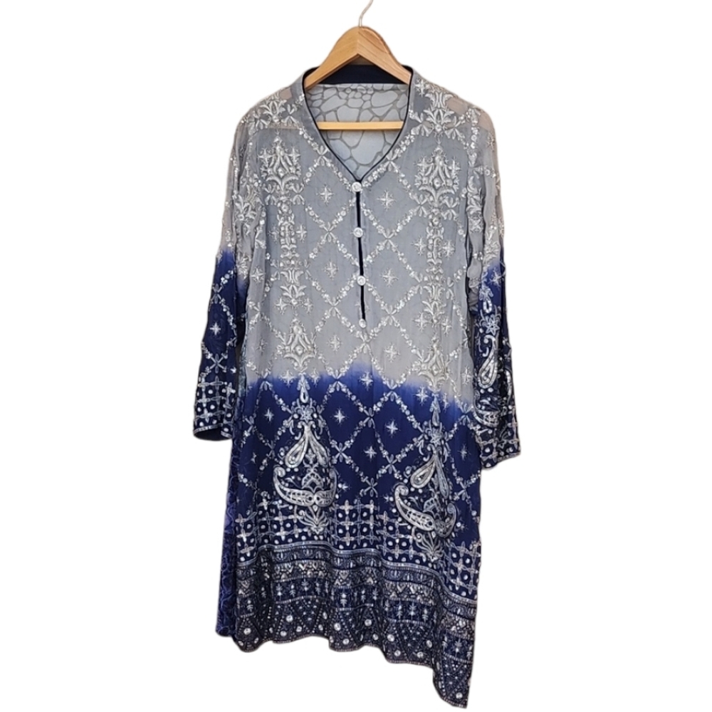 BOLLYWOOD Kurti Silk Dress Tunic L Embroidered DUBAI Custom Wedding Top Y2K - Picture 6 of 16